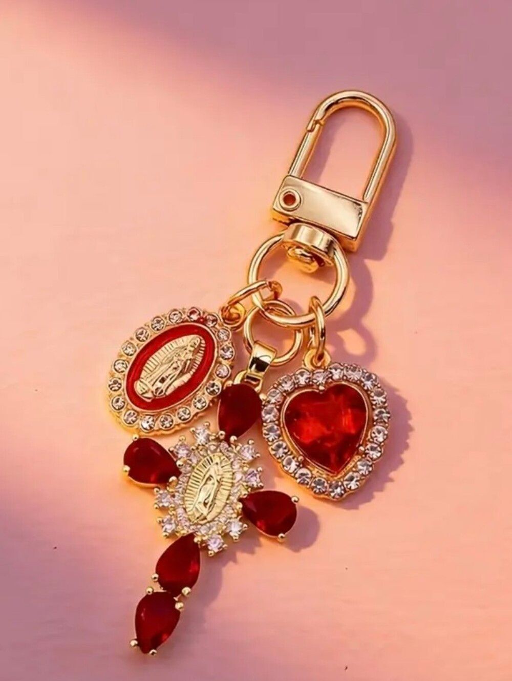 Religious Red Rhinestone Encrusted Cross Bag Charm / Keychain